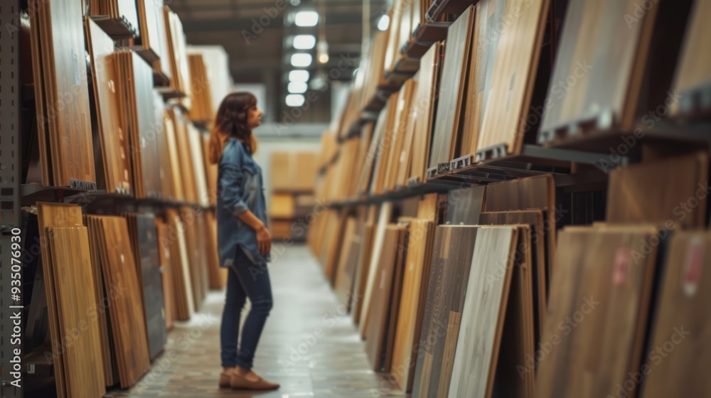 Female buyer of flooring in a hardware store,Women and home decoration details Female buyer of flooring in a hardware store,Women and home decoration details