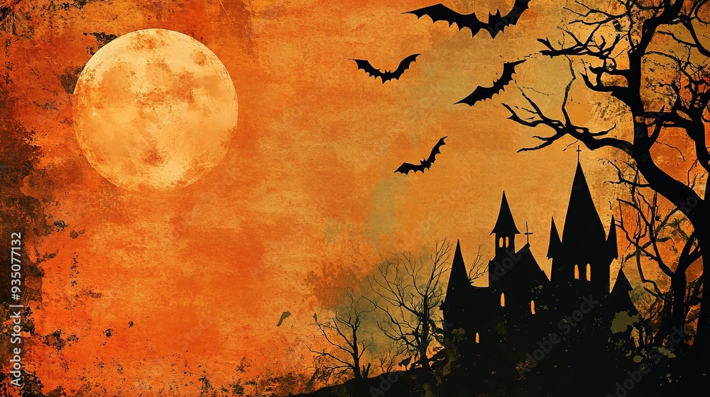 Haunted Halloween Night: A spooky silhouette of a haunted castle against a backdrop of a full moon, bats, and a gnarled tree, creating an eerie and atmospheric Halloween scene. Haunted Halloween Night: A spooky silhouette of a haunted castle against a backdrop of a full moon, bats, and a gnarled tree, creating an eerie and atmospheric Halloween scene.