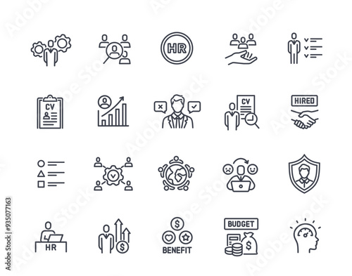 Set of human resources line icons. Simple symbols with resume, employee team, hiring and recruiting. Design element for application. Outline vector illustration collection isolated on white background
