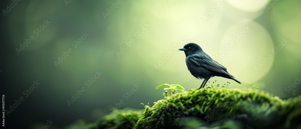Fototapeta premium A small black bird perches on a moss-covered tree branch, surrounded by a forest teeming with lush green leaves