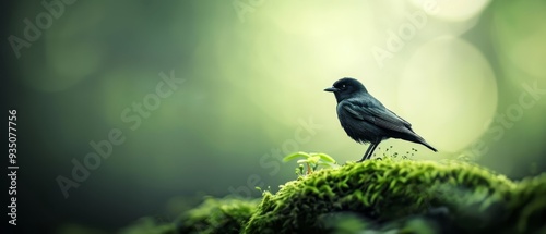  A small black bird perches on a moss-covered tree branch, surrounded by a forest teeming with lush green leaves photo