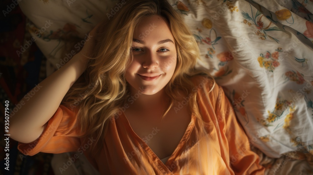 Top view of a plump woman resting in her bedroom smiling Top view of a plump woman resting in her bedroom smiling