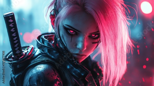 Woman cyberpunk cyborg assassin character anime style mysterious dangerous sharp gaze background wallpaper AI generated image photo