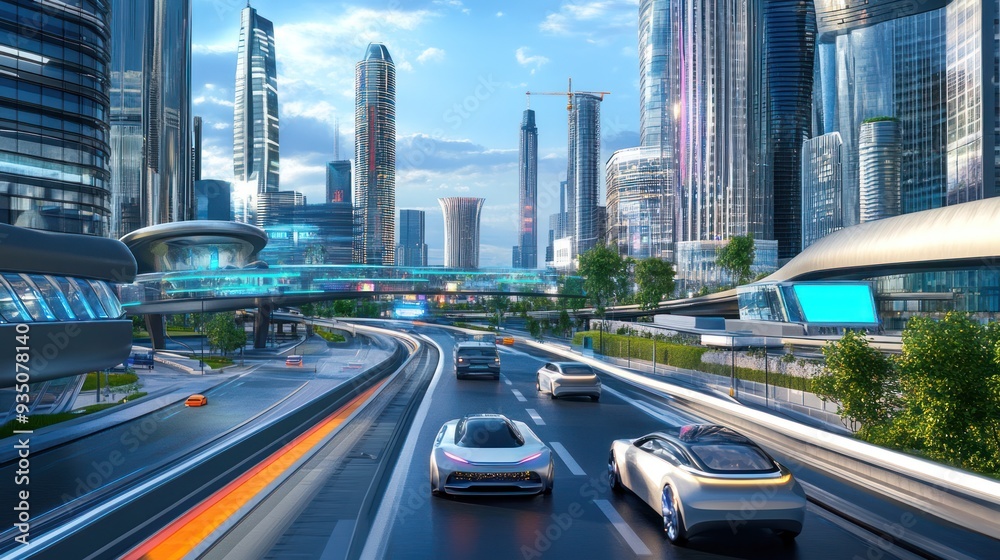 Naklejka premium Futuristic Cityscape with Cars on Highway