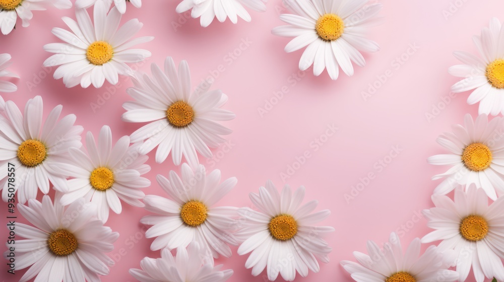 White daisy chamomile flowers on pale pink background. White daisy chamomile flowers on pale pink background.