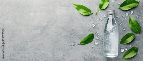  A glass bottle filled with water, topped by green foliage against a gray backdrop, with droplets at its base