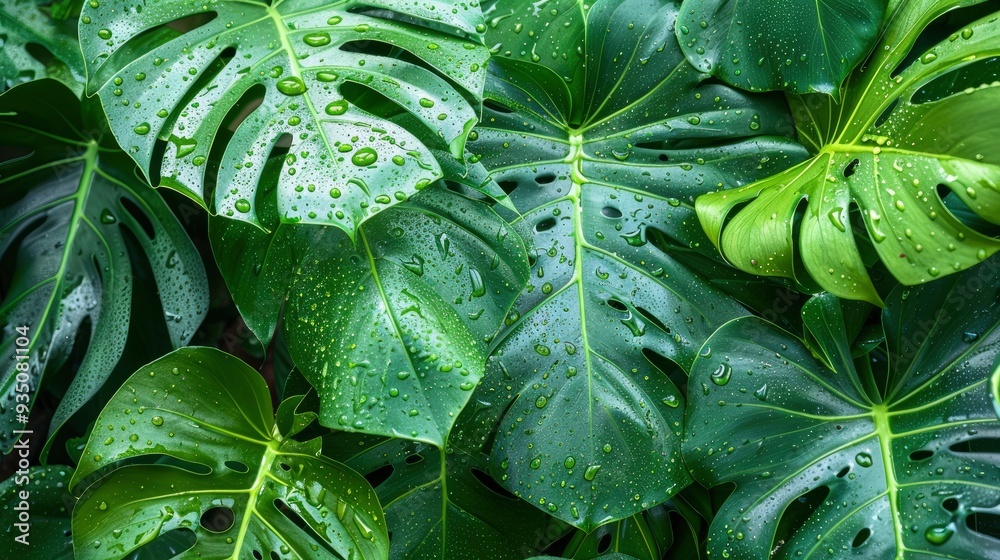 Wet Monstera deliciosa plant leaves in a garden , ai Wet Monstera deliciosa plant leaves in a garden , ai
