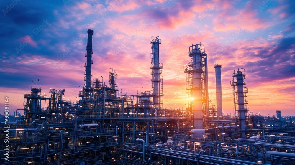Oil refinery industry with many pipe lines and chimneys processing energy sources background wallpaper AI generated image Oil refinery industry with many pipe lines and chimneys processing energy sources background wallpaper AI generated image