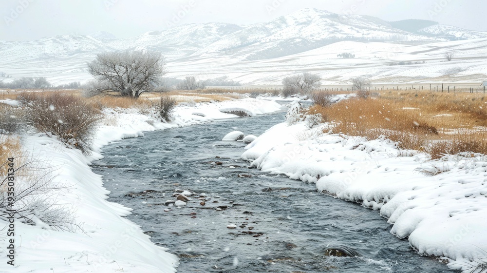 A River Flowing Through a Snowy Mountain Valley A River Flowing Through a Snowy Mountain Valley