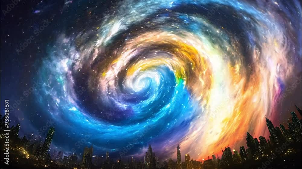 A Vibrant Rainbow Galaxy Swirling Over a Cityscape A Vibrant Rainbow Galaxy Swirling Over a Cityscape