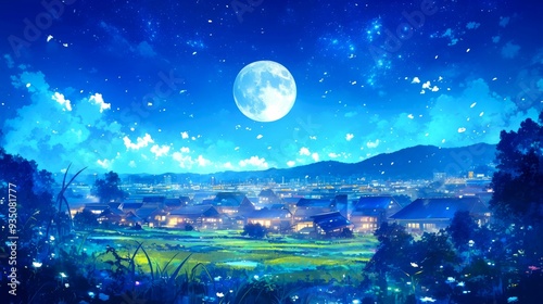 Nighttime View of a Village Under a Full Moon with Falling Petals photo