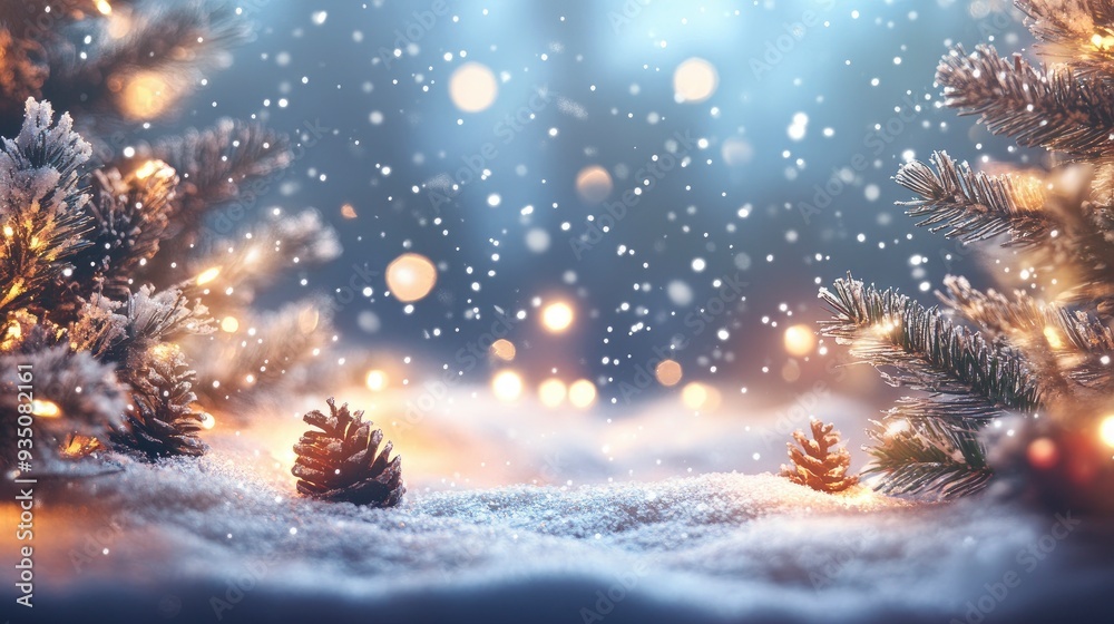 Christmas Decoration With Falling Snow And Glowing Lights - Christmas And Winter Background with generative ai Christmas Decoration With Falling Snow And Glowing Lights - Christmas And Winter Background with generative ai
