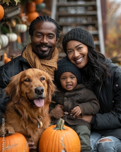 Fototapeta Naklejka Na Ścianę i Meble -  black, african american family with dog surround by pumpkin harvest on blurred background, fall and crop aesthetic.