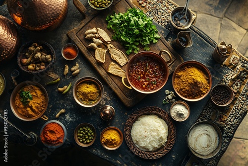 A traditional Indian kitchen, viewed from above, displays copper pots, aromatic spices