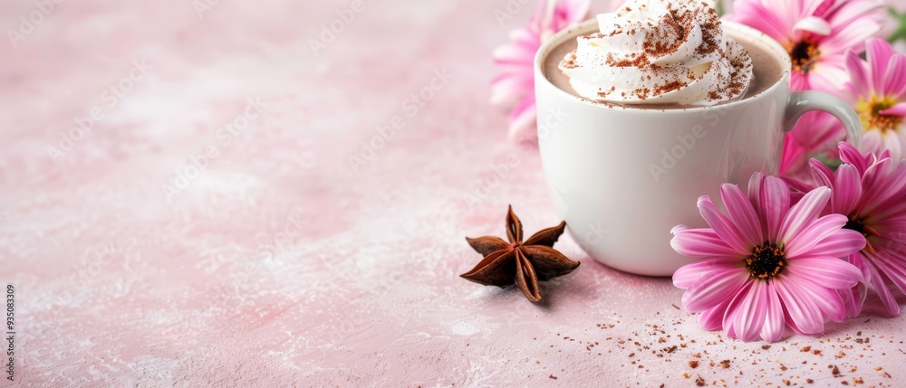 A pink backdrop adorned with flowers frames a mug holding steaming hot chocolate Marshmallows float atop the beverage, while a star anise adds intrigue A pink backdrop adorned with flowers frames a mug holding steaming hot chocolate Marshmallows float atop the beverage, while a star anise adds intrigue