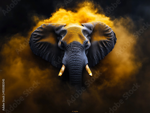 Elephant emerging from golden cloud of dust photo