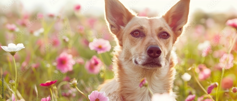  A tight shot of a dog in a flower field, surrounded by pink and white blooms, with a softly blurred backdrop