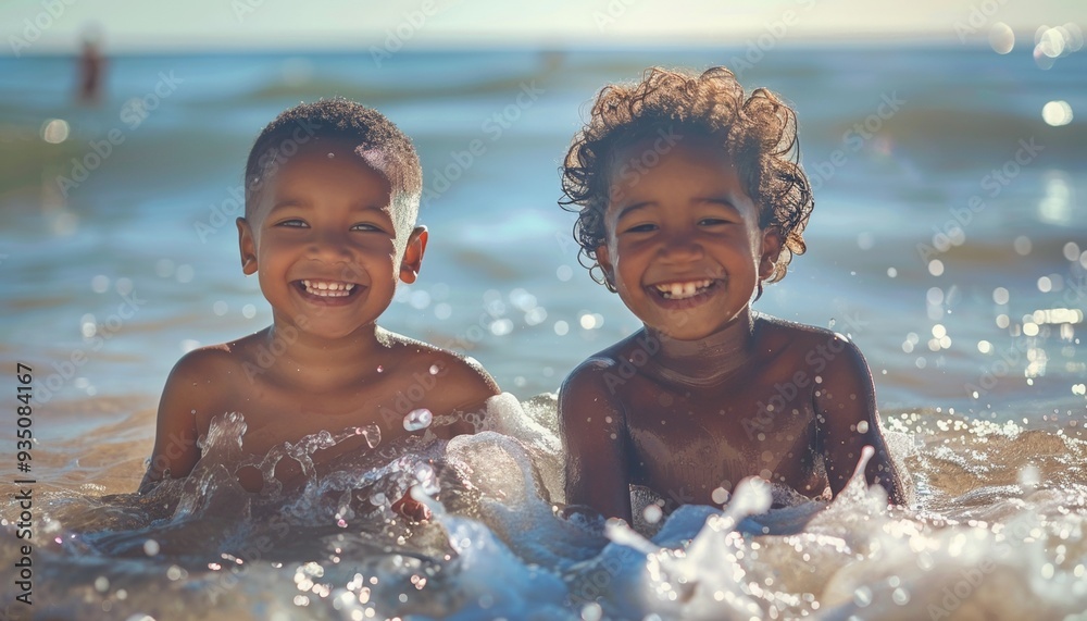 Two Smiling Children from Different Backgrounds Sitting on Beach, Gentle Waves, Happy Moment Two Smiling Children from Different Backgrounds Sitting on Beach, Gentle Waves, Happy Moment