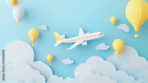 3D paper art-style illustration of an airplane flying in the sky, surrounded by clouds and hot air balloons, light blue background