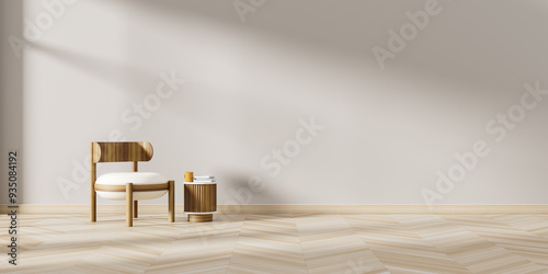Minimalist livinig room with modern furnitures. Stylish living room design. Empty wall mock up. 3D illustration photo