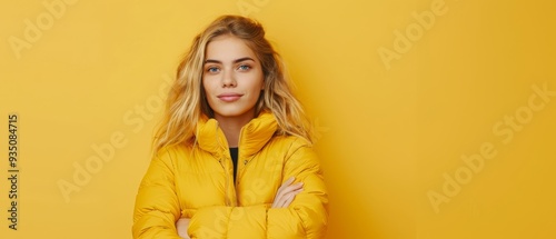  A woman in a yellow jacket stands with crossed arms, conveying a serious expression while gazing into the camera