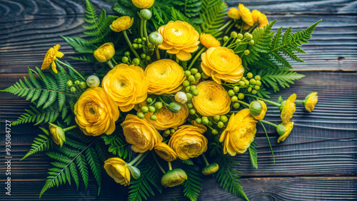 yellow buttercups and ferns on a wooden background photo