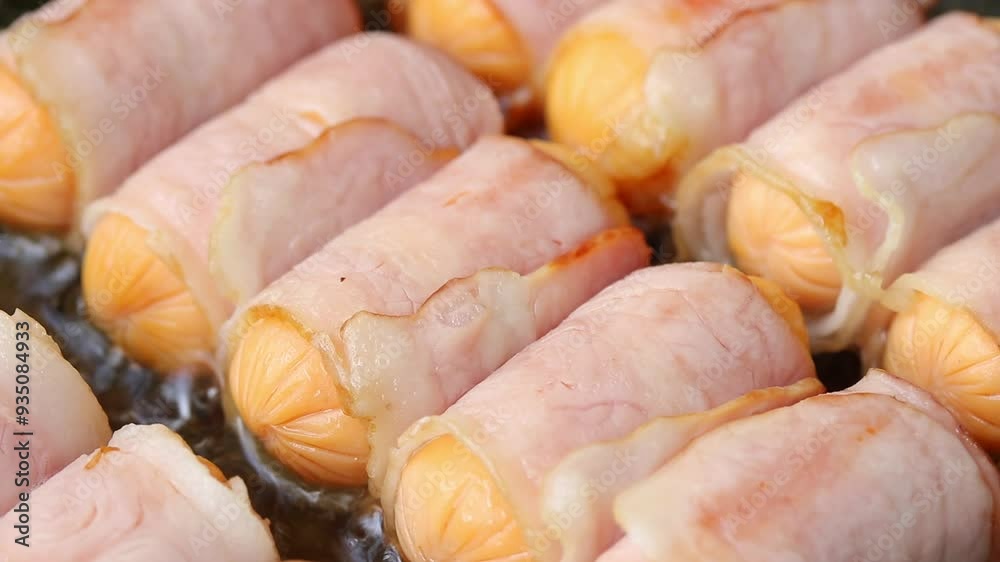 Close-up Of Fried Bacon Wrapped Pork Sausages On Frying Pan Close-up Of Fried Bacon Wrapped Pork Sausages On Frying Pan