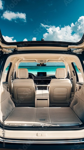 A view of the back of a car with the sunroof open