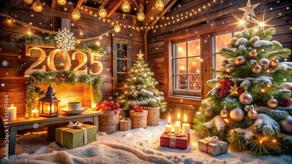 Charming wooden cabin decorated with Christmas lights, nestled in a snowy winter landscape. A beautifully lit Christmas tree stands in front, surrounded by snow-covered trees, creating a cozy and magi Charming wooden cabin decorated with Christmas lights, nestled in a snowy winter landscape. A beautifully lit Christmas tree stands in front, surrounded by snow-covered trees, creating a cozy and magi
