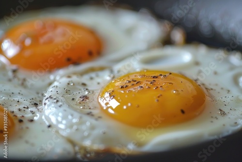 Sunny side up poached egg or omelette on a skillet or pan. Top view.