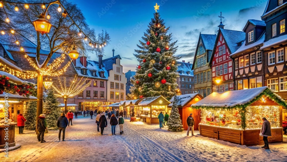 Naklejka premium Charming Christmas market in a picturesque European town, featuring snow-covered stalls adorned with festive lights and decorations. Shoppers stroll through the cobblestone streets, enjoying the warm,