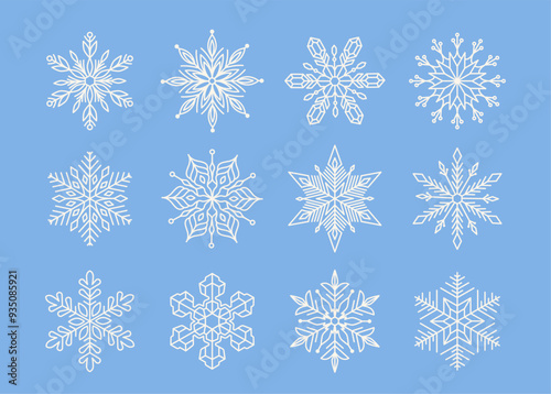 Set of snowflake line icons. Symbols with snowflakes of various shapes and ornaments. Winter snow. Design element for app and print. Outline vector illustration collection isolated on background