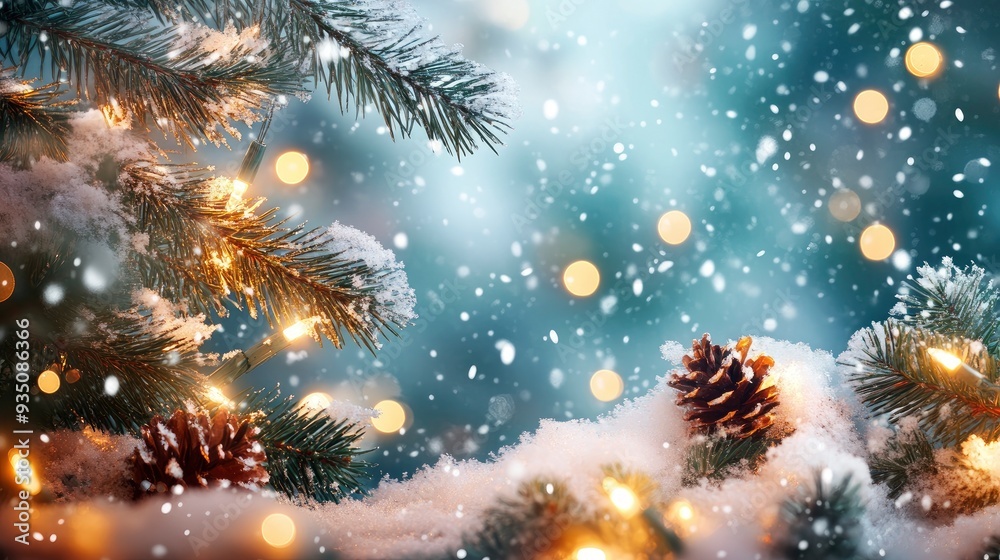 Christmas Decoration With Falling Snow And Glowing Lights - Christmas And Winter Background with generative ai Christmas Decoration With Falling Snow And Glowing Lights - Christmas And Winter Background with generative ai