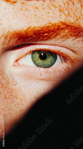 a close-up portrait of a red-haired 25 years old man with vibrant green eyes, a little freckles softly highlighted by natural sunlight. dramatic and emotional portraiture