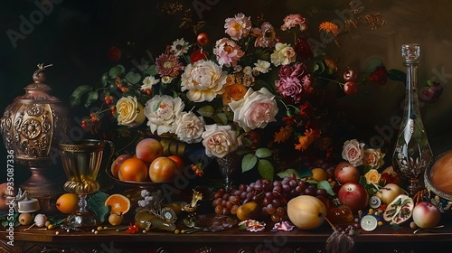 A detailed still life painting featuring a luxurious arrangement of flowers, fruit, and antique objects, captured with precision and a rich color palette. 8k UHD, suitable for high-quality printing 