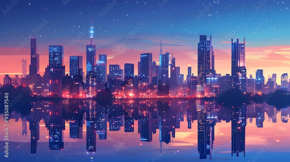A modern yet elegant illustration of a city skyline at dusk, with tall buildings and subtle reflections in water, rendered in cool tones with hints of warm light. 8k UHD, suitable for high-quality A modern yet elegant illustration of a city skyline at dusk, with tall buildings and subtle reflections in water, rendered in cool tones with hints of warm light. 8k UHD, suitable for high-quality