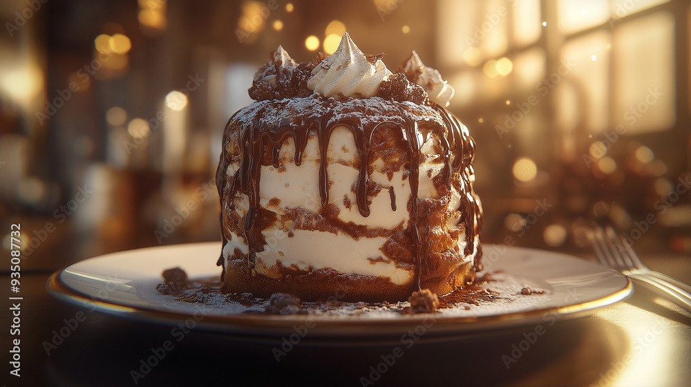 A chocolate cake with whipped cream on top sits on a white plate