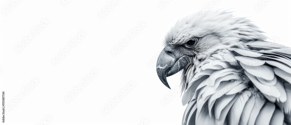 A black-and-white image of a bird's head and outstretched wings against a white backdrop A black-and-white image of a bird's head and outstretched wings against a white backdrop