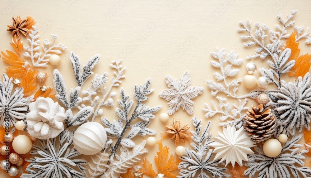 Stylish Christmas composition with white and gold ornaments, frosted foliage, and pinecones on a beige background. Ideal for modern holiday decor and invitations. Stylish Christmas composition with white and gold ornaments, frosted foliage, and pinecones on a beige background. Ideal for modern holiday decor and invitations.