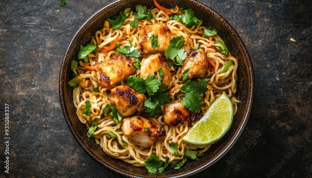 Close-up of a bowl of noodles with chicken, cilantro, and lime. Close-up of a bowl of noodles with chicken, cilantro, and lime.