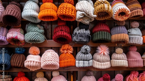 Obraz na płótnie Display of stalls selling a variety of women headwear for the fall and winter seasons w salonie