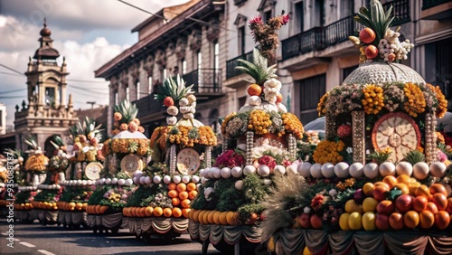 Kadayawan Festival, rows of floats decorated with flowers and fruits, colorful Davao city buildings in the background, photo