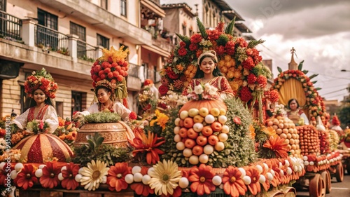 Kadayawan Festival, rows of floats decorated with flowers and fruits, colorful Davao city buildings in the background,