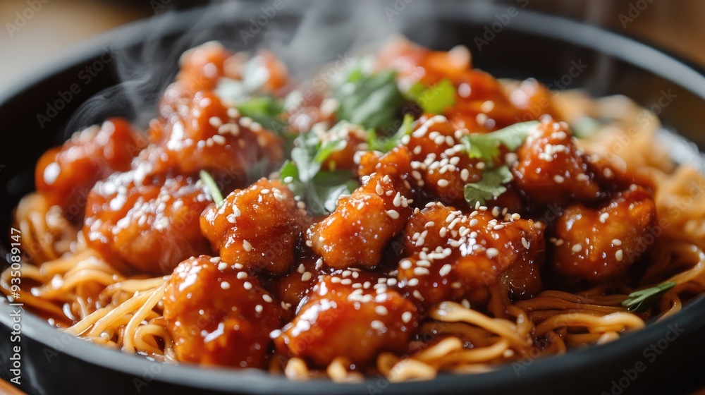 Close-up of a bowl of noodles with chicken, sesame seeds, and a sauce, steaming. Close-up of a bowl of noodles with chicken, sesame seeds, and a sauce, steaming.