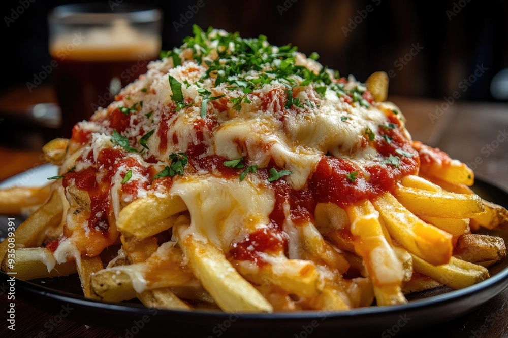 Fototapeta premium Close-up of cheesy fries with marinara sauce. Perfect for promoting a restaurant's menu or showcasing delicious, cheesy food.