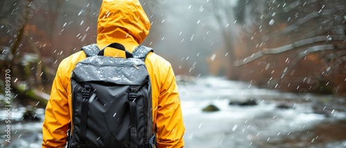  A man, clad in a yellow jacket, stands in the rain with a black backpack The scene unfolds against a backdrop of a flowing river