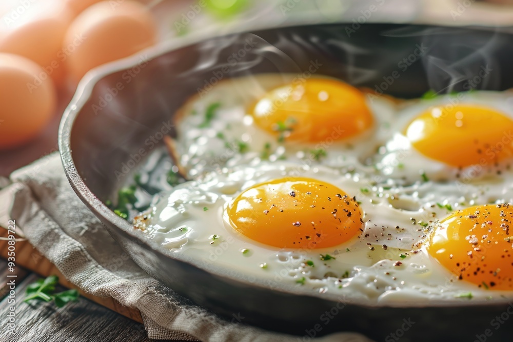 Sunny side up poached egg or omelette on a skillet or pan. Top view.