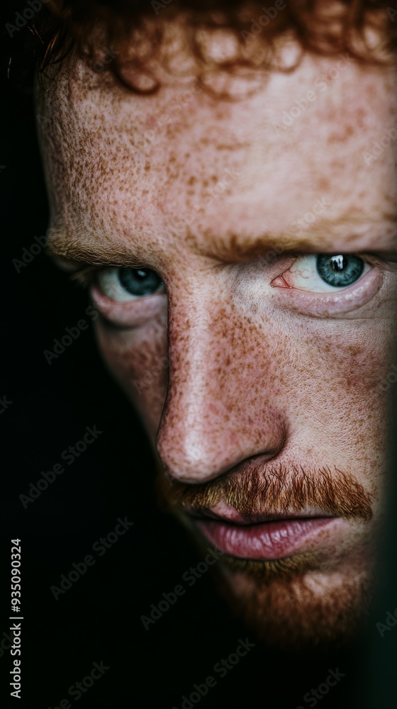 Obraz premium A fierce and commanding image of a red-haired Irish warrior holding a battle axe, with his muscular frame and intense expression, set against a stormy sky, capturing the essence of strength and determ