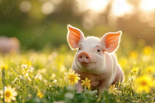 A pink piglet stands in a field of flowers. This adorable image is perfect for projects about farming, animals, or spring.