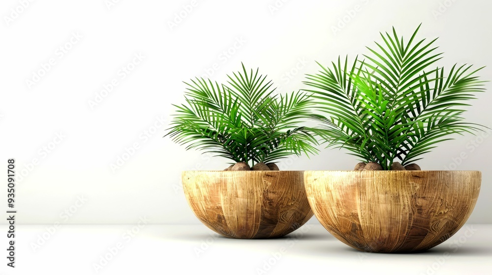 Fototapeta premium Two potted palm trees with wooden spherical planters on a white background